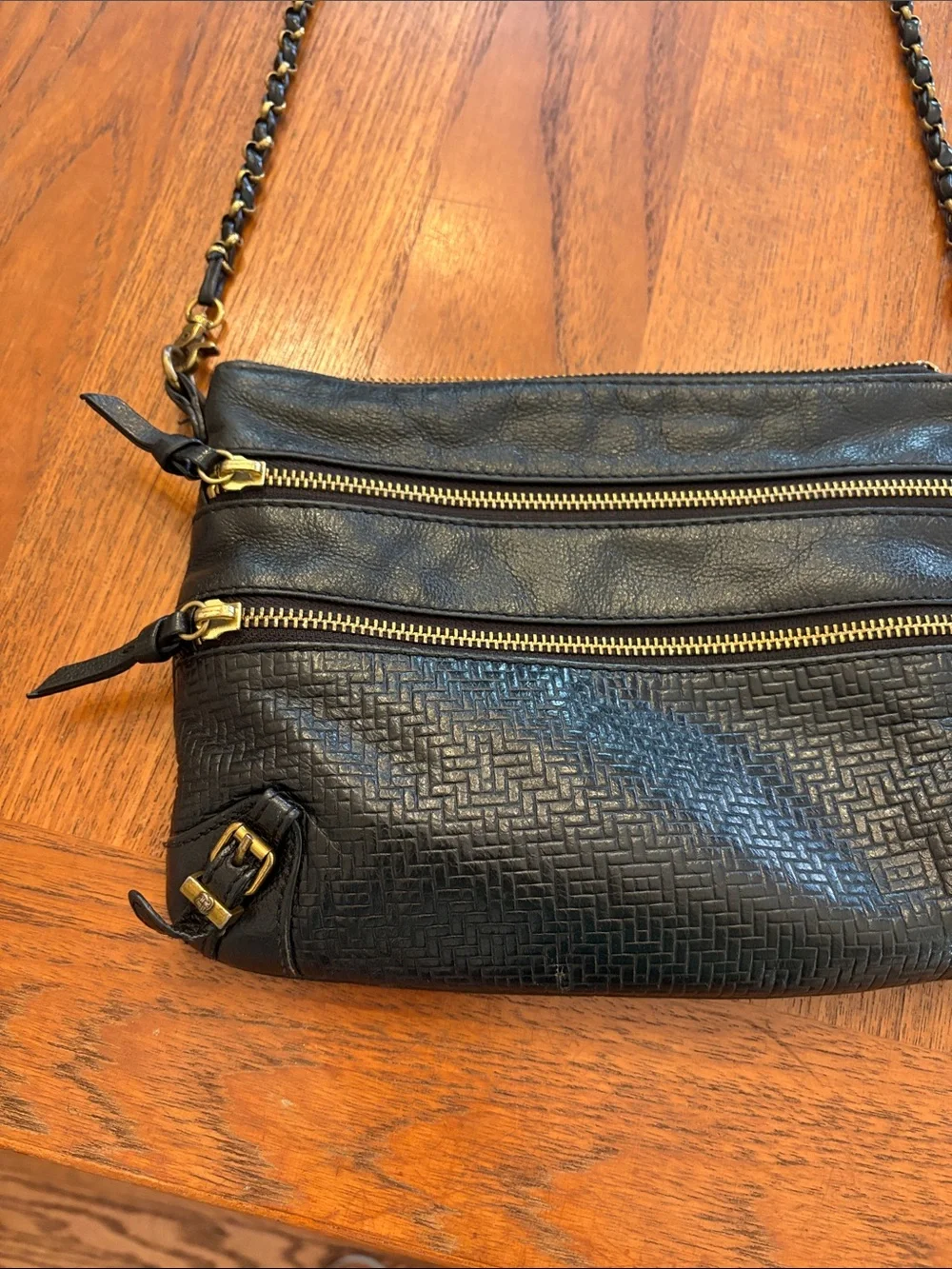 Elliott Lucca Black Leather Crossbody Bag with Gold Hardware